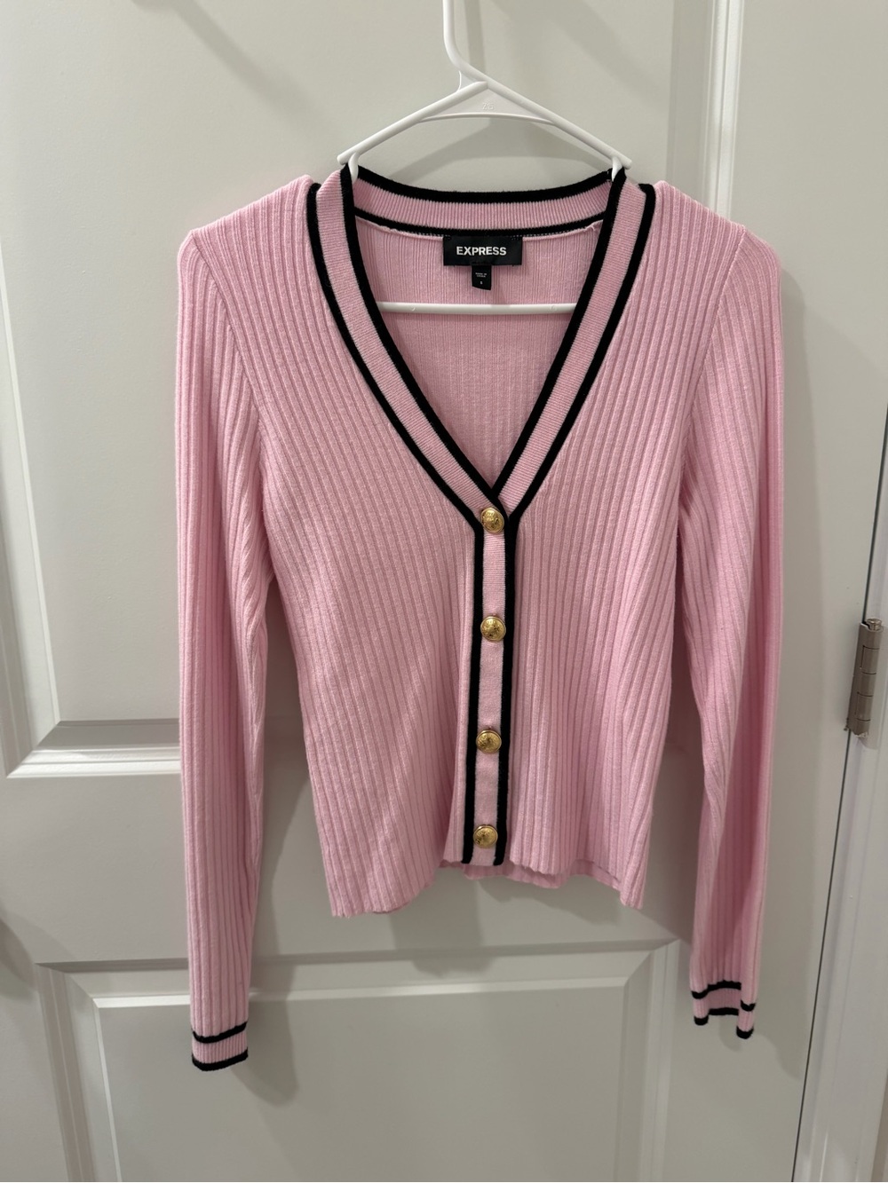 Express Pink Ribbed V-Neck with Black Trim & Gold Buttons